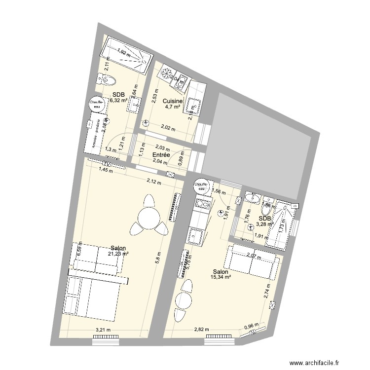 montel-1e-gauche-droite-meublé. Plan de 8 pièces et 63 m2