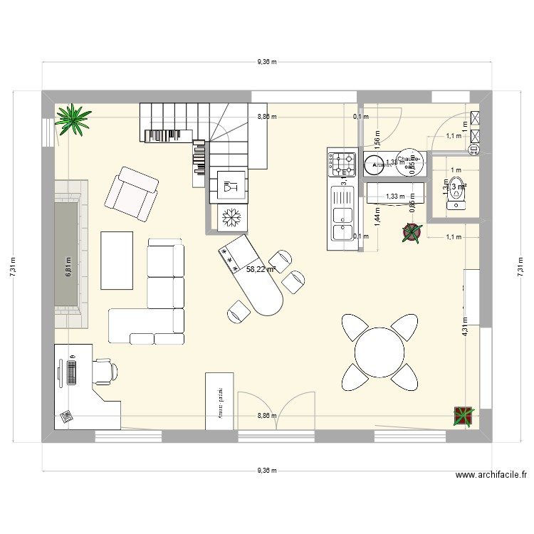 Isergues RDC B2. Plan de 2 pièces et 60 m2