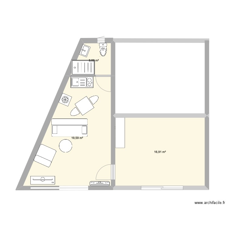 studio. Plan de 3 pièces et 40 m2