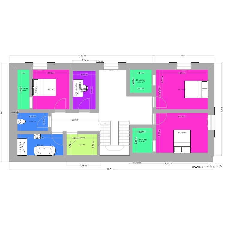 vieille maison etage. Plan de 11 pièces et 69 m2