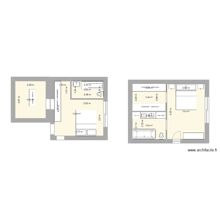 chambre extension V3. Plan de 6 pièces et 46 m2