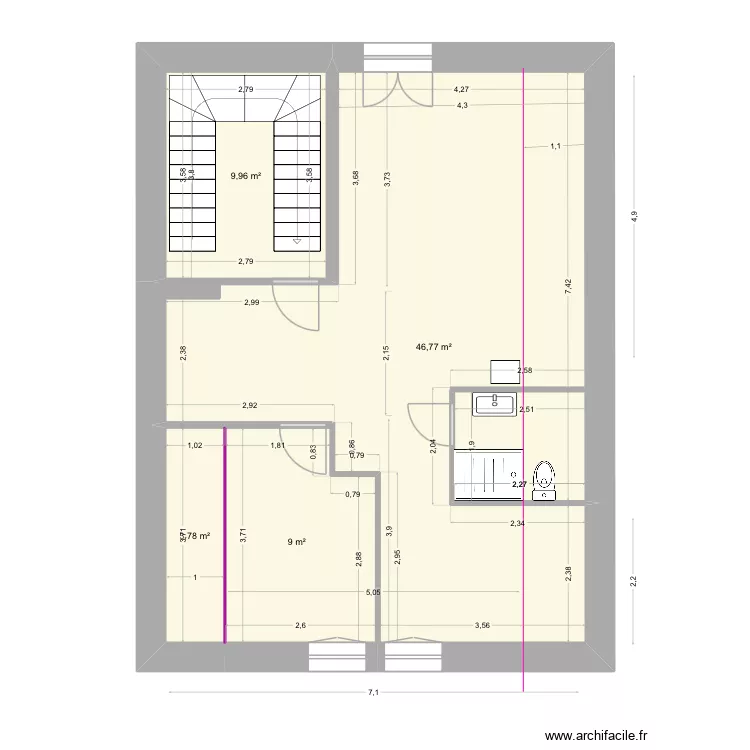 Montalieu chambre bureau Sdb. Plan de 4 Pièces et 70 m²