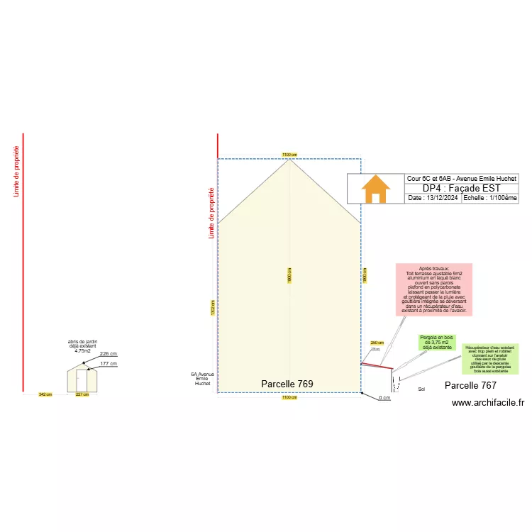 Fa&ccedil;ade EST Toit terrasse apr&egrave;s travaux. Plan de 