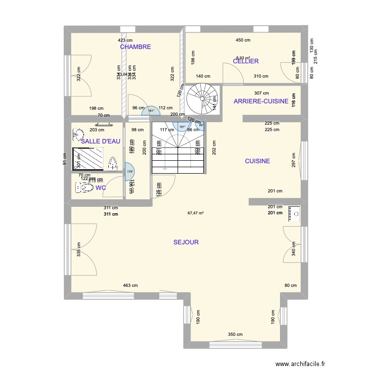 Rez de chaussée quater. Plan de 3 pièces et 89 m2