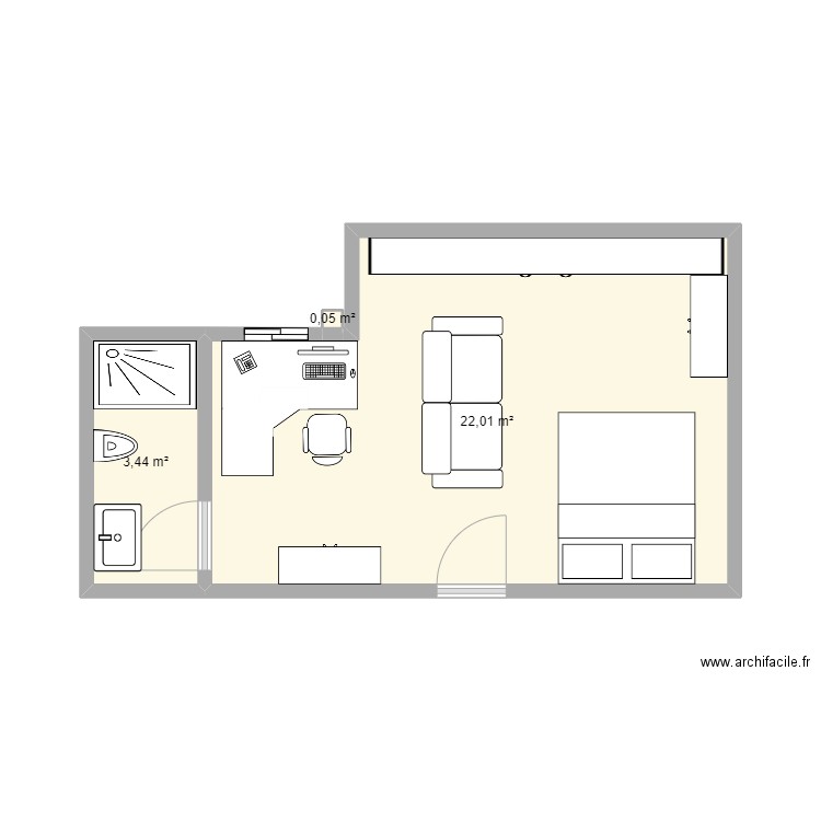 chambre. Plan de 3 pièces et 25 m2