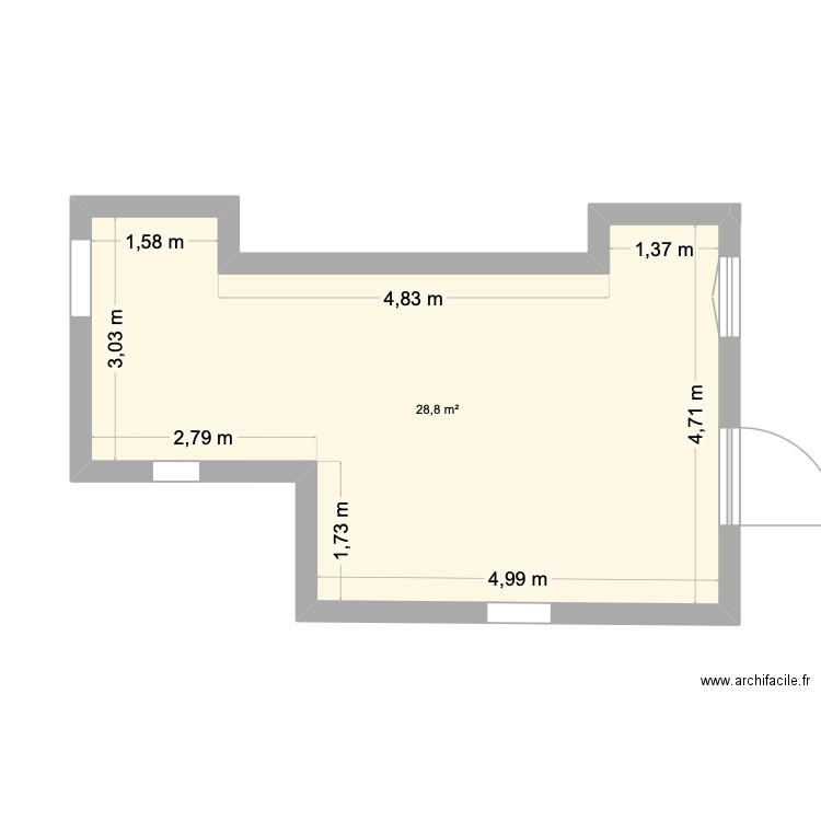 bar. Plan de 1 pièce et 29 m2