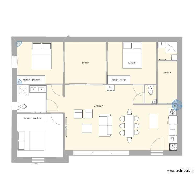 penestin v1. Plan de 4 pièces et 73 m2