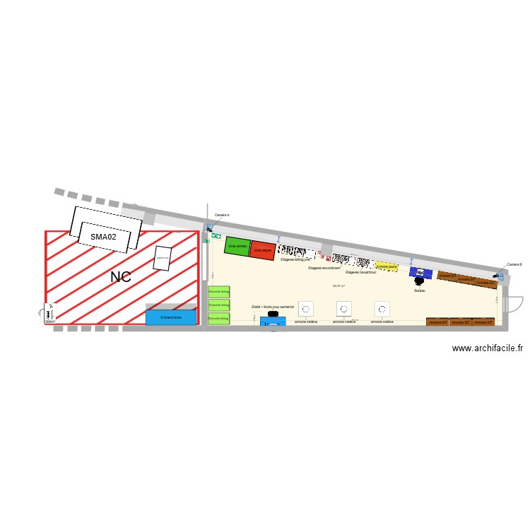 zone kitting log aval ébauche 3 avec SIT. Plan de 1 pièce et 62 m2