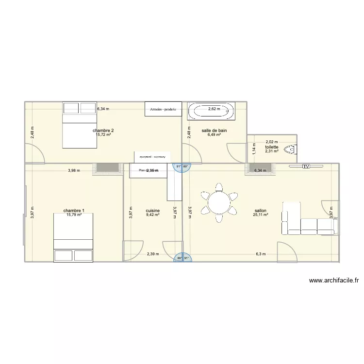 appartement RDC. Plan de 6 pièces et 75 m²