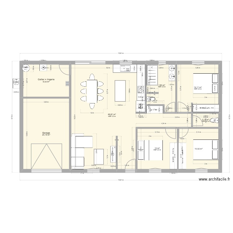 MAISON PLAIN PIED 130 M2 RECTANGLE 3 CHAMBRES 1SB V2. Plan de 8 pièces et 121 m2