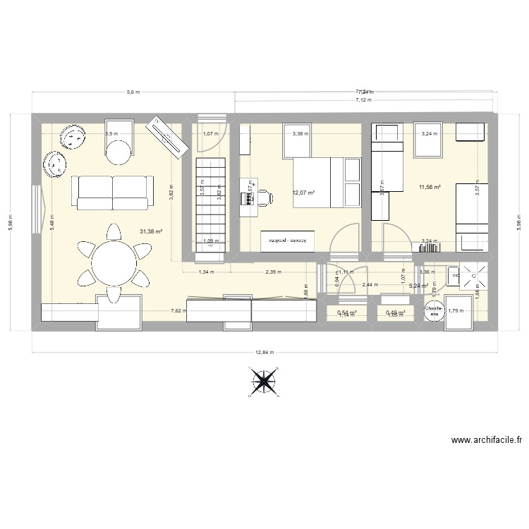 SVLH étage - V2. Plan de 6 pièces et 61 m2