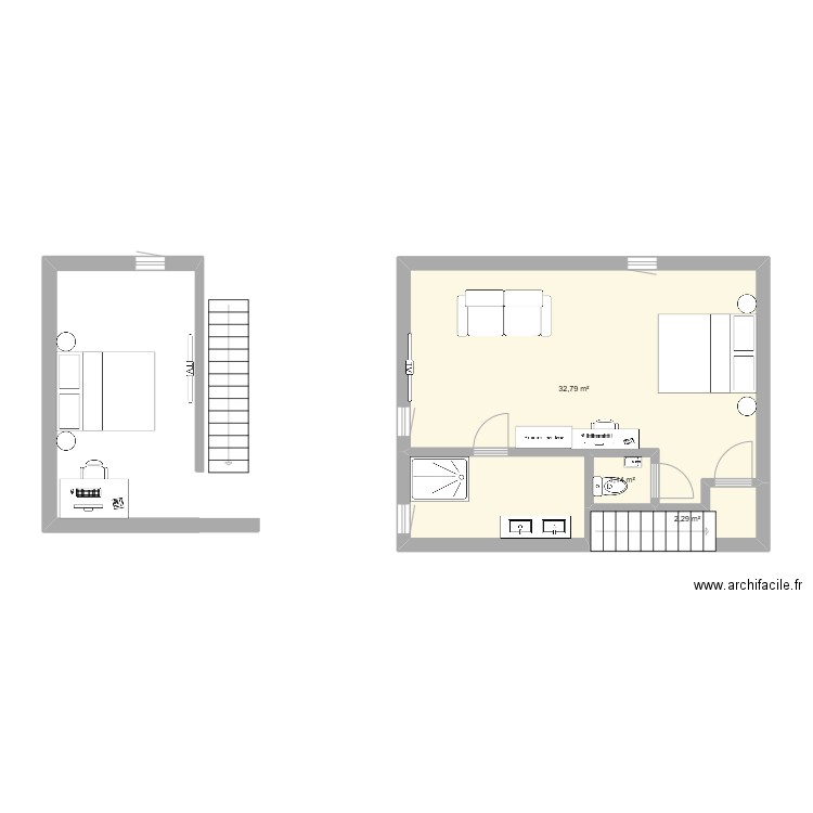 mezzanine. Plan de 3 pièces et 36 m2