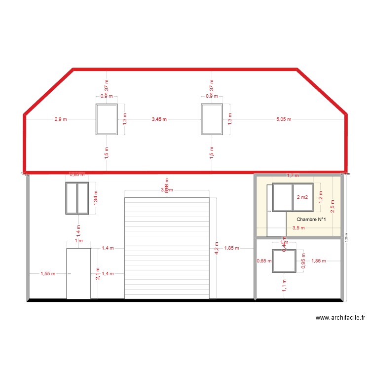Chambre n°1 vue en coupe 04.12.2025. Plan de 3 pièces et 69 m2