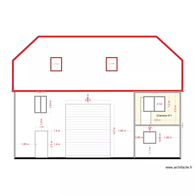 Chambre n&deg;1 vue en coupe 04.12.2025. Plan de 