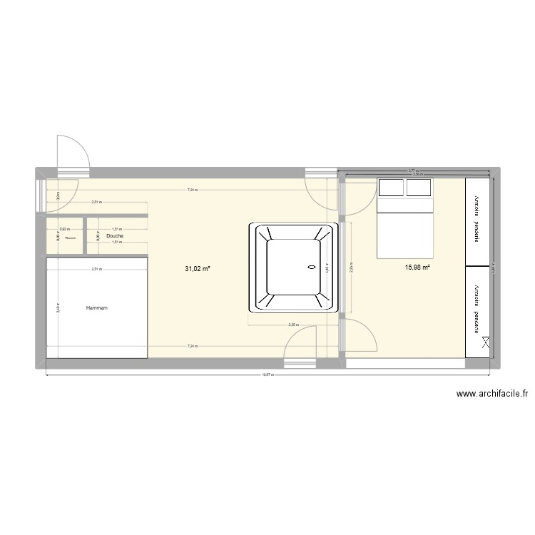 R-1 / CHAMBRE. Plan de 3 pièces et 48 m2