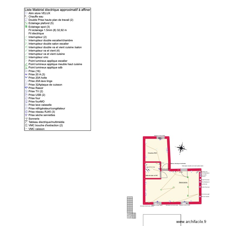 RDC électricité. Plan de 7 pièces et 68 m2