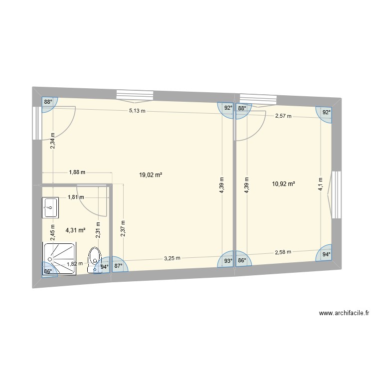 1er etage droite v1. Plan de 3 pièces et 34 m2