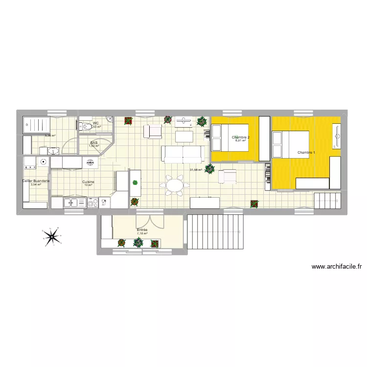 CUISINE EN L Etage. Plan de 9  et 81 m²