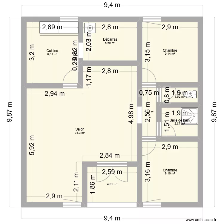 plan logement actuel. Plan de 9 pièces et 75 m²