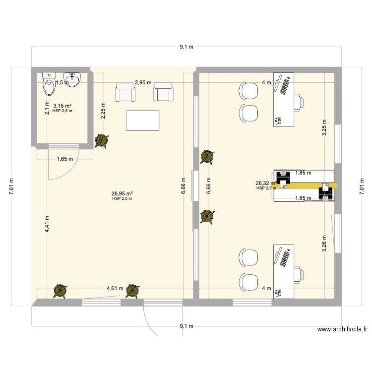 PLAN RDC C5 - CLOISONS. Plan de 3 pièces et 56 m2