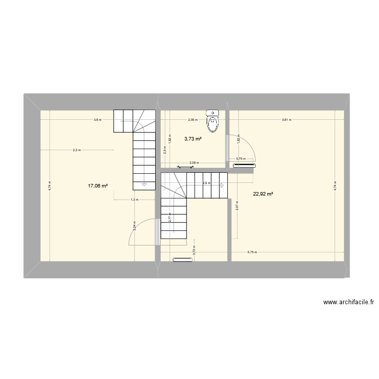étage. Plan de 3 pièces et 44 m2