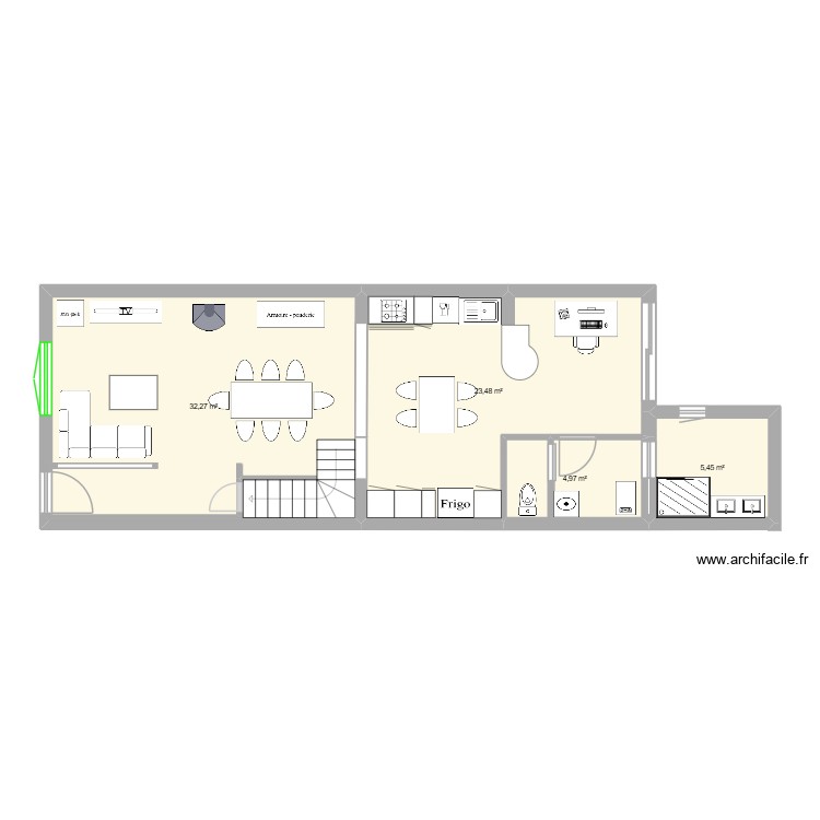 projet suppression de couloir meublé. Plan de 4 pièces et 66 m2