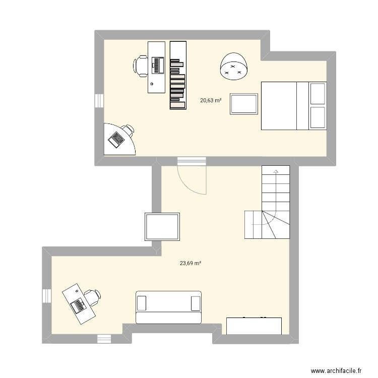 Chambre mezzanine. Plan de 2 pièces et 44 m2