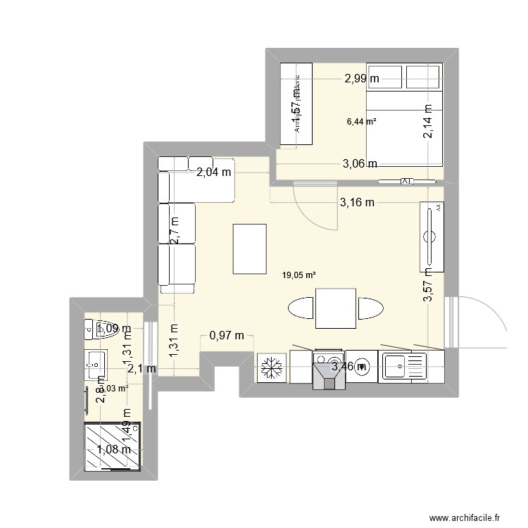 Studio Cluses Projection ok. Plan de 3 pièces et 29 m2