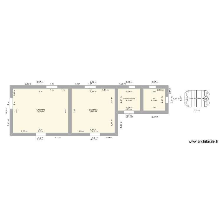Mboro. Plan de 4 pièces et 44 m2