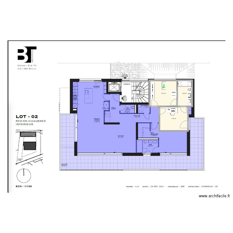 Corseaux. Plan de 3 pièces et 29 m2