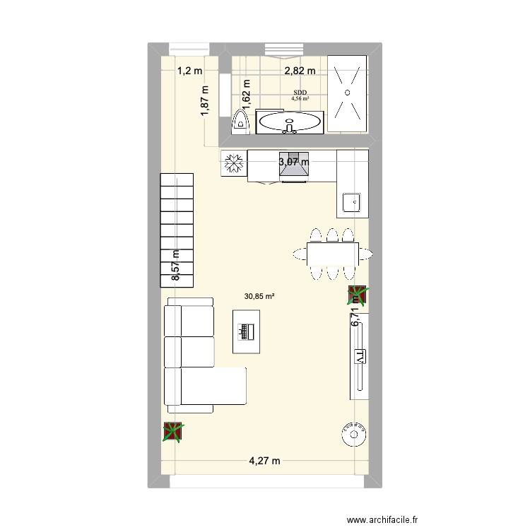 PLAN STUDIO. Plan de 2 pièces et 35 m2