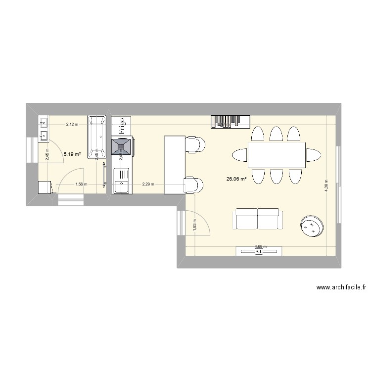 cuisine. Plan de 2 pièces et 31 m2