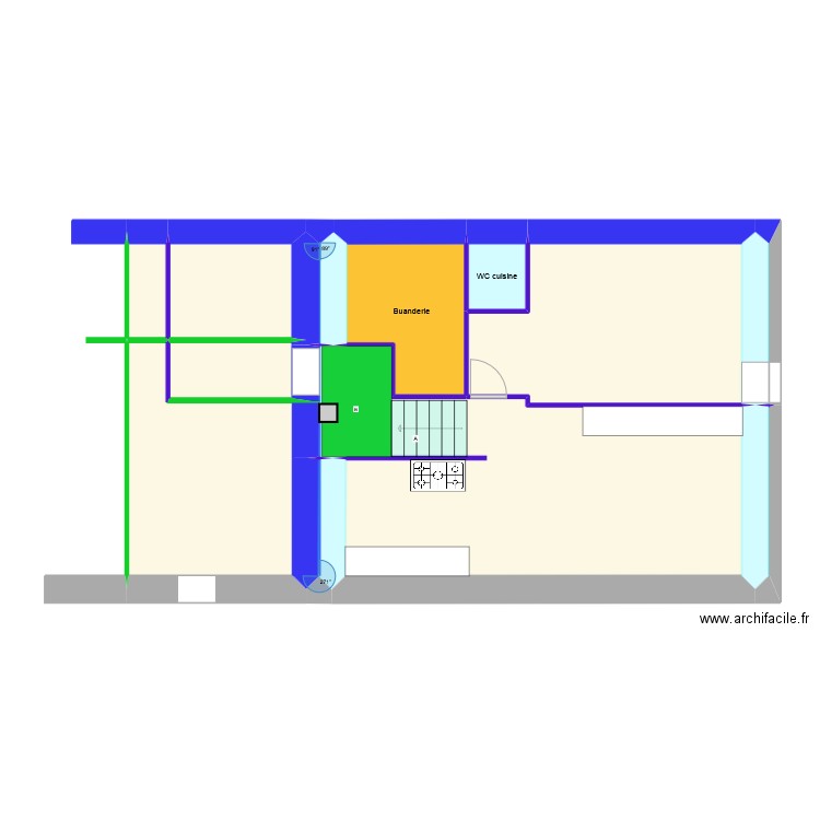 ESCALIER Cuisine - rdc maison Ouest. Plan de 12 pièces et 91 m2