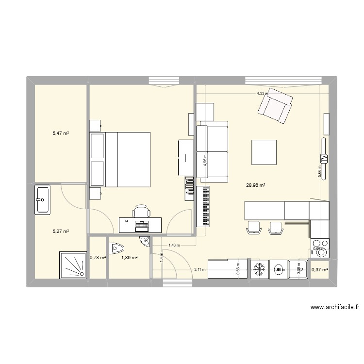 l'Isles Adam. Plan de 7 pièces et 59 m2