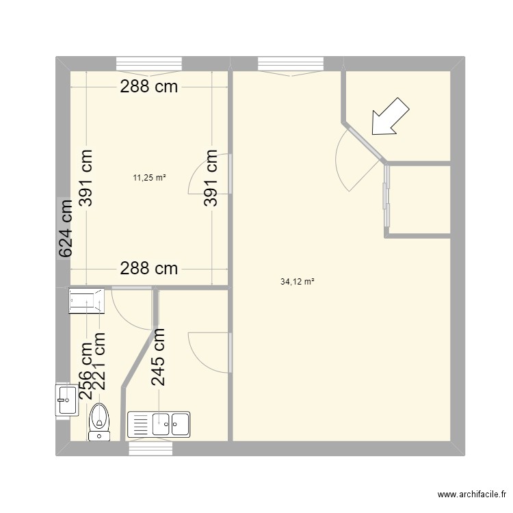 appt. teddy loc. existant!. Plan de 2 pièces et 45 m2