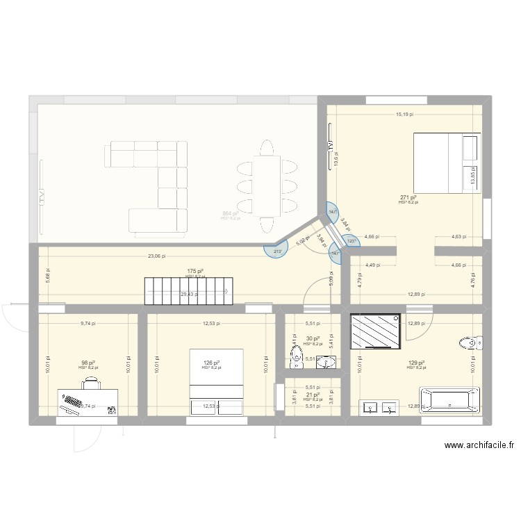 Plan maison 44x32. Plan de 14 pièces et 191 m2