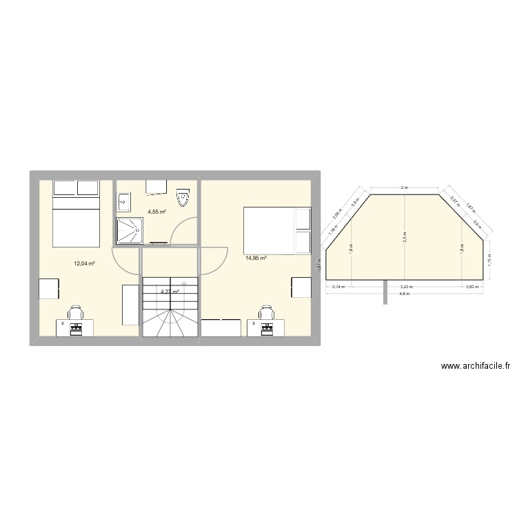 etage aménagé. Plan de 5 pièces et 73 m2