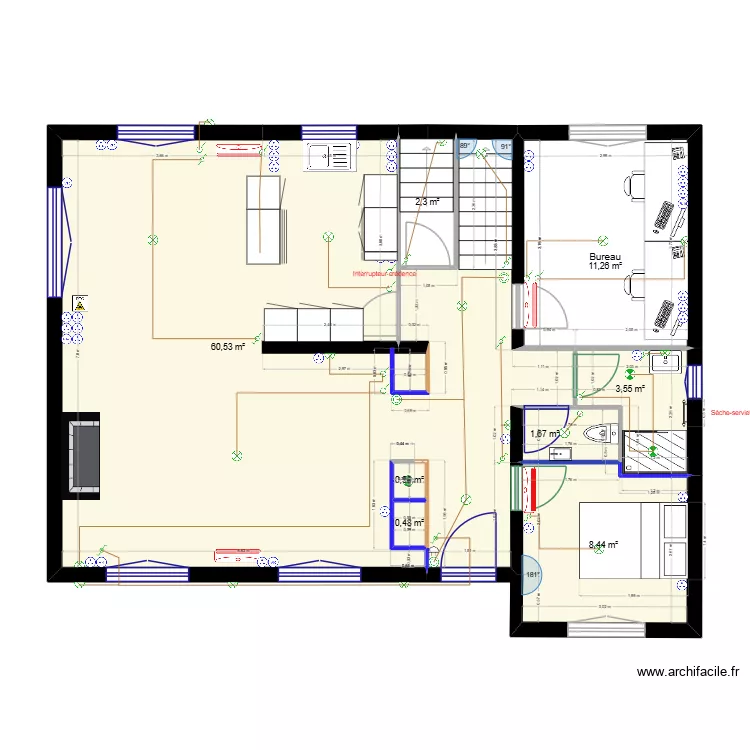 RDC - Cuisine. Plan de 8  et 89 m²