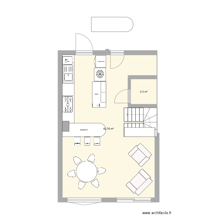 R+2. Plan de 2 pièces et 45 m2