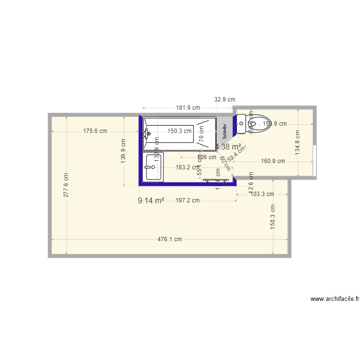 HERNANDEZ SDB Etage. Plan de 3 pièces et 14 m2