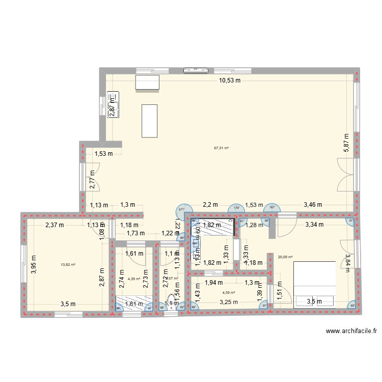 Maison en Tunisie. Plan de 6 pièces et 113 m2