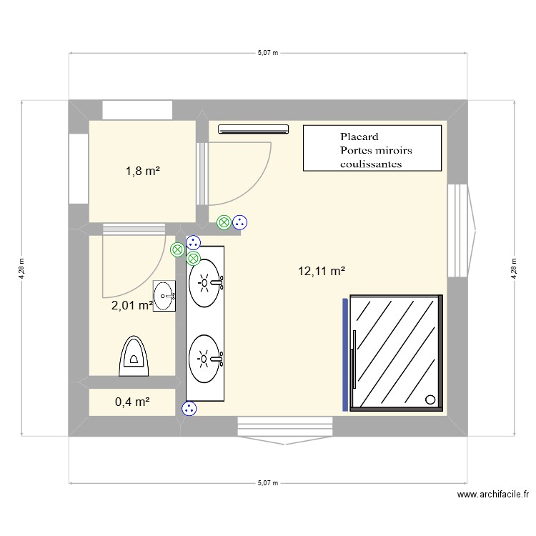 SDB RDC. Plan de 4 pièces et 16 m2