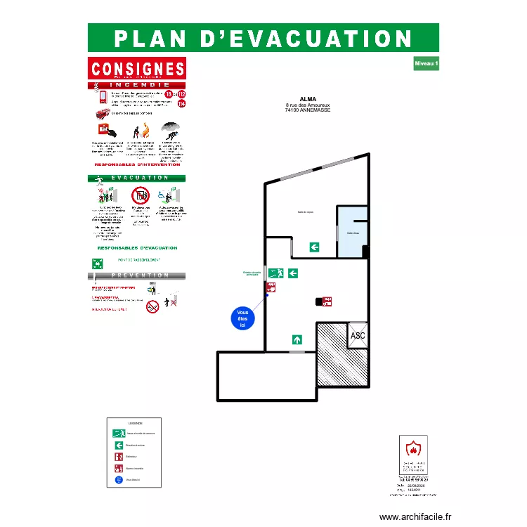Plan d'évacuation ALMA NIV1. Plan de 8 Pièces et 94 m² Plan d'évacuation ALMA NIV1. Plan de 8 Pièces et 94 m²