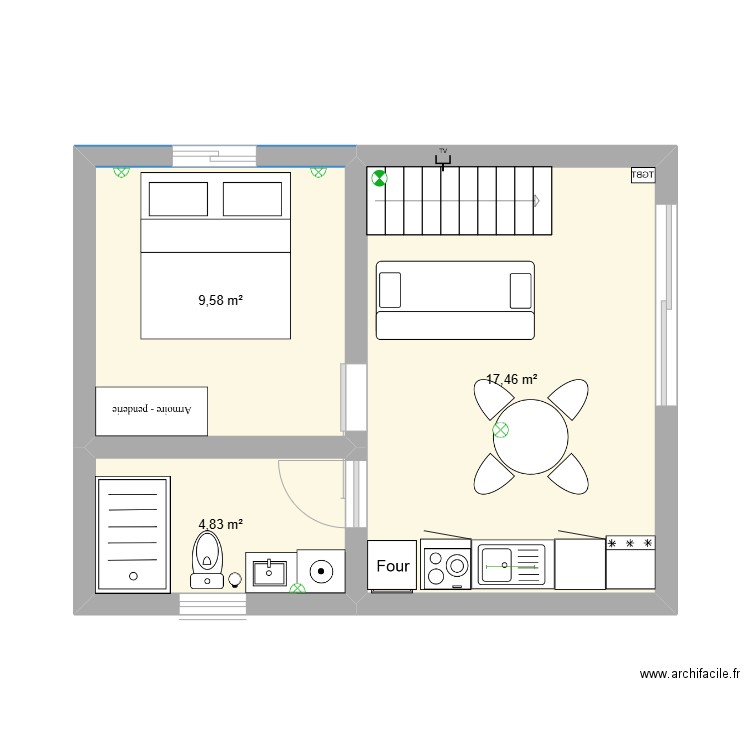 Airbnb. Plan de 3 pièces et 32 m2