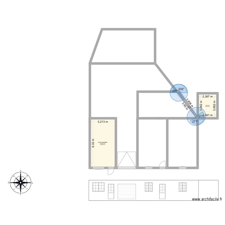Rdc. Plan de 3 pièces et 28 m2