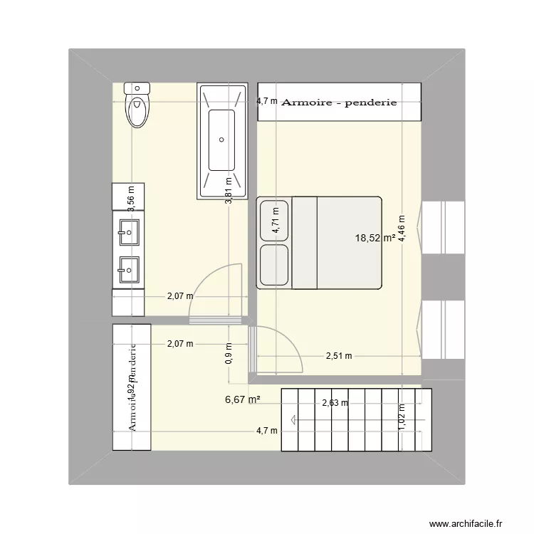Etage. Plan de 2 Pièces et 25 m²
