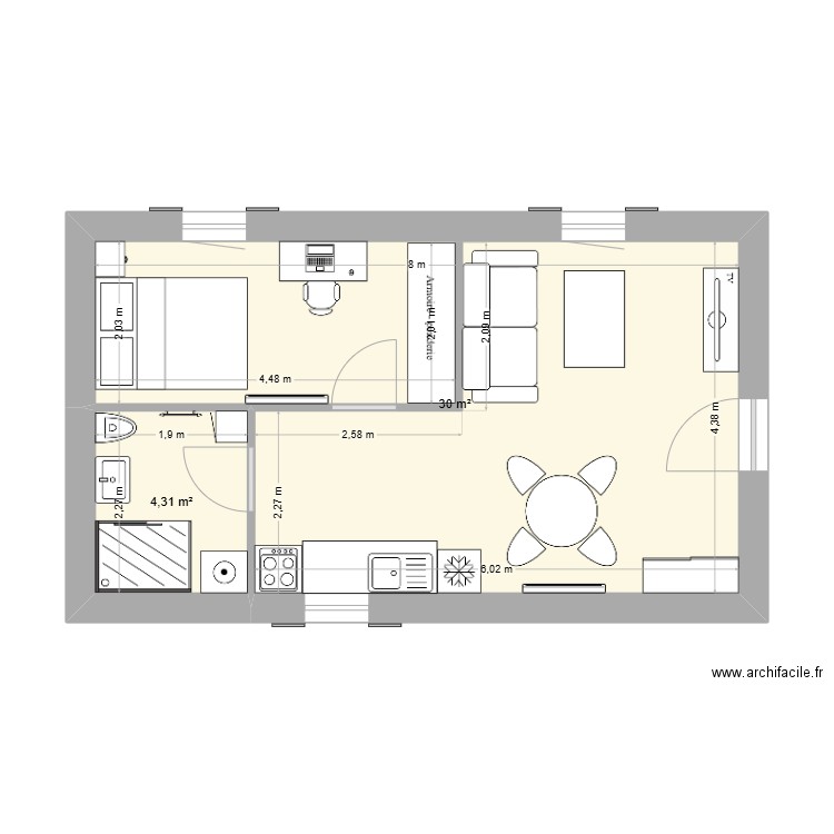 T1 30m² BGU. Plan de 2 pièces et 34 m2