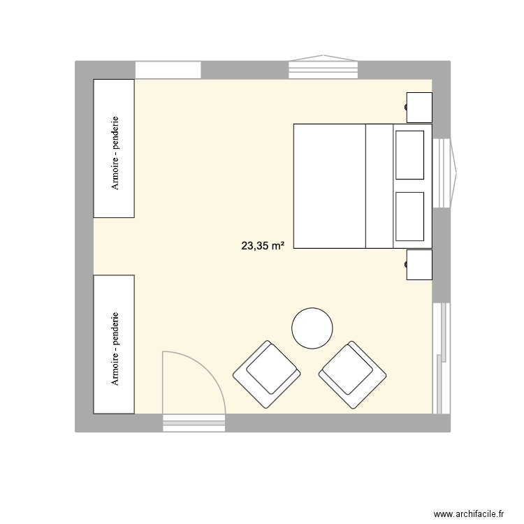 Chambre 1 - niveau intermediaire. Plan de 1 pièce et 23 m2