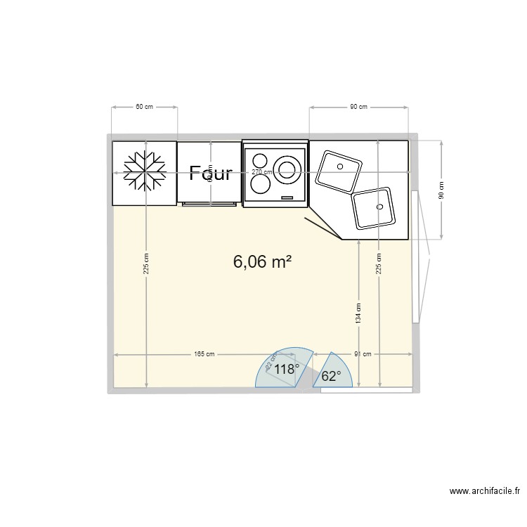 cuisine. Plan de 1 pièce et 6 m2