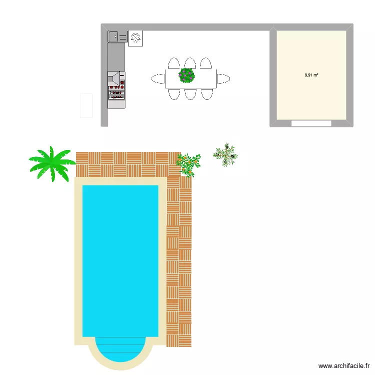 pool house piscine ALAIN. Plan de 1  et 10 m²